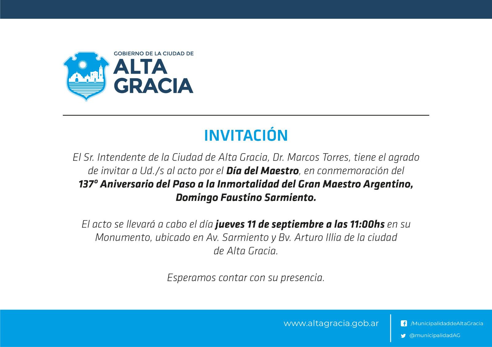 Invitación para el acto del Día del Maestro en Alta Gracia
