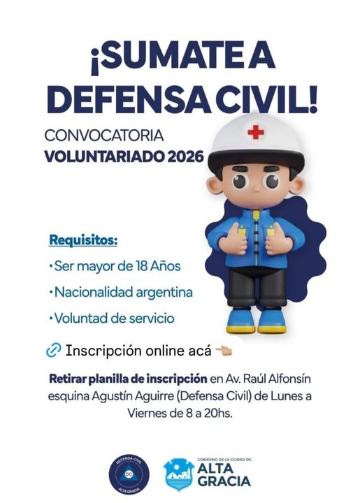 Defensa Civil Alta Gracia convoca VOLUNTARIADO 2026