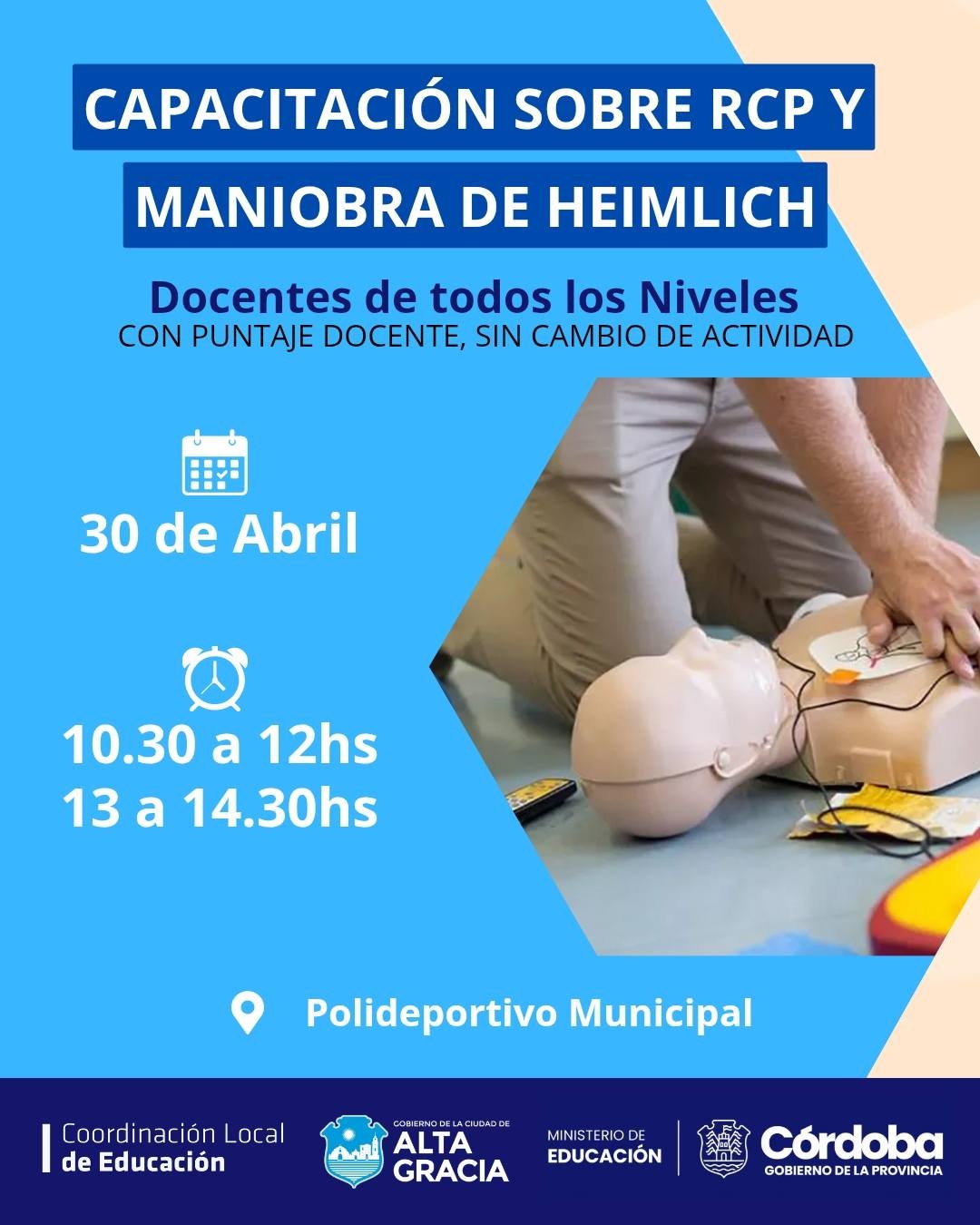 Educación: invitan a docentes a taller sobre RCP y Maniobra de Heimlich con puntaje docente