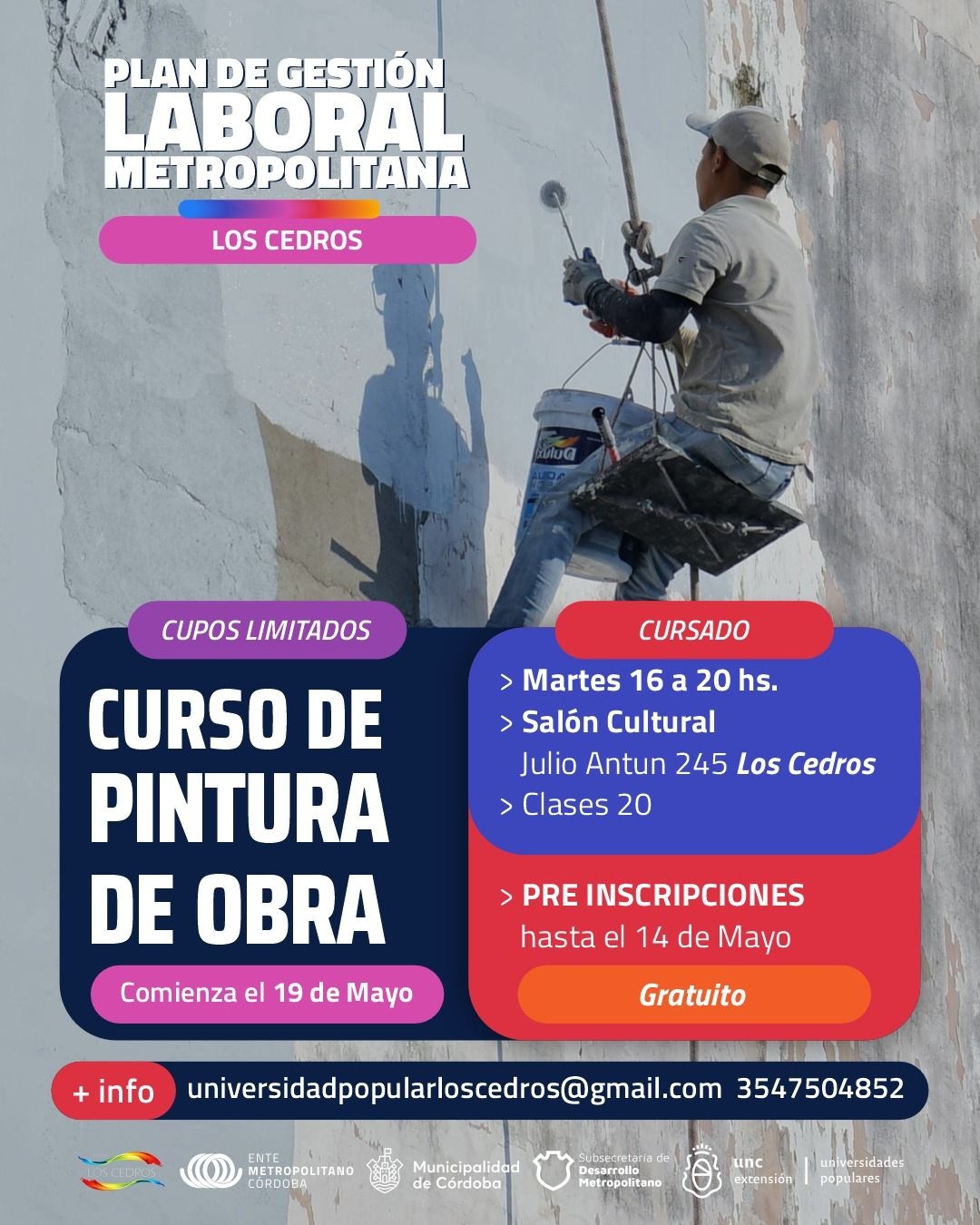 Los Cedros: el Ente Metropolitano Córdoba dicta un curso gratuito de Pintura de Obra
