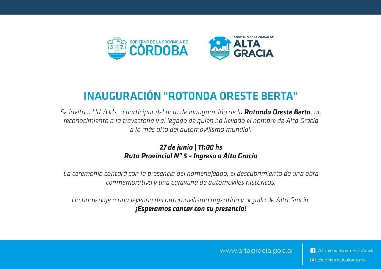 Invitación para participar de la inauguración de la Rotonda Oreste Berta