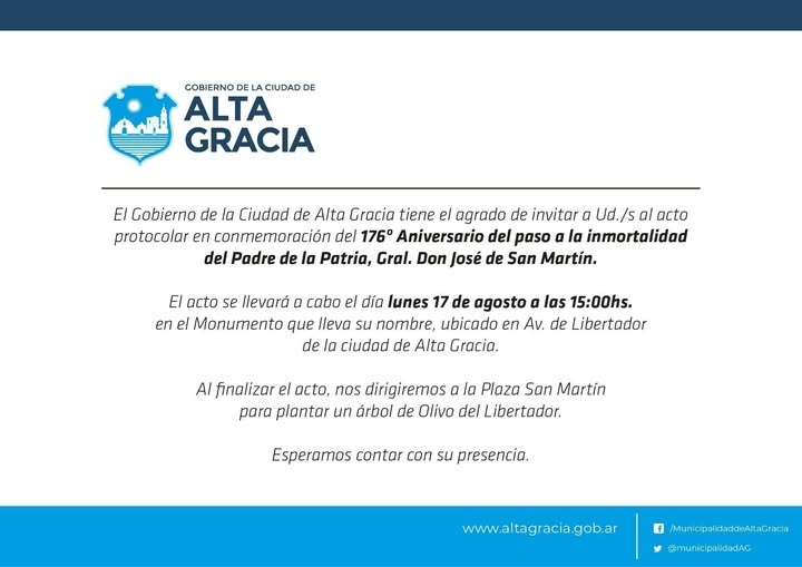 Invitación al acto en memoria del General Don José de San Martín