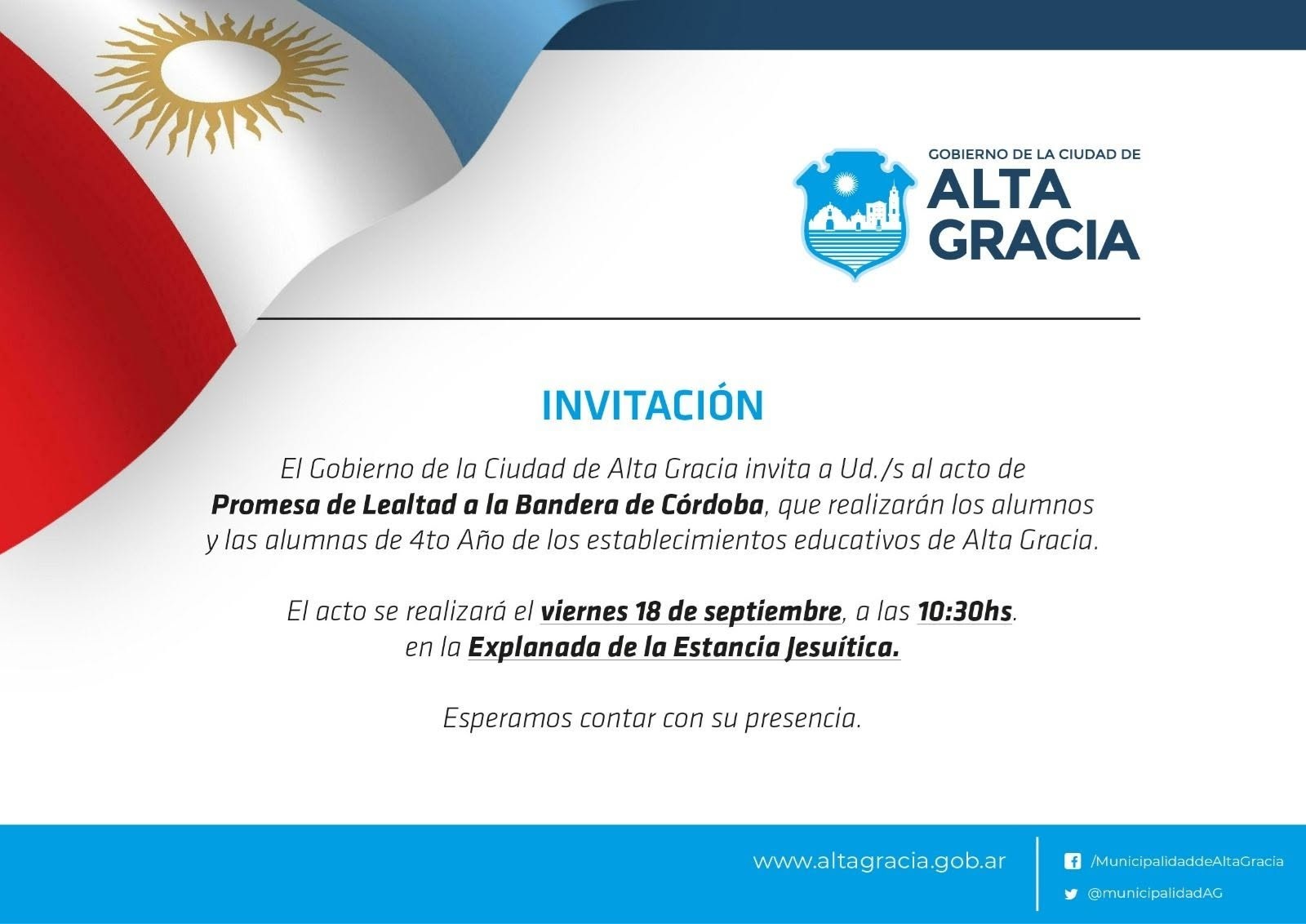 Invitación al acto de PROMESA DE LEALTAD A LA BANDERA DE CÓRDOBA